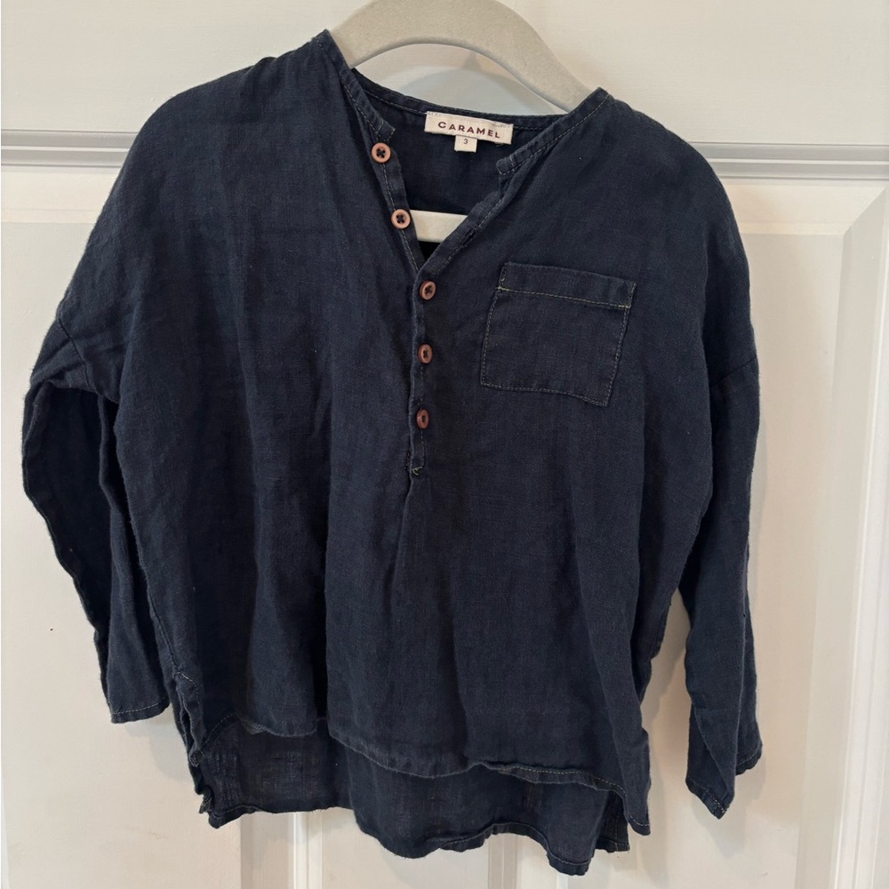 Caramel Baby and Child Linen Navy Shirt Size 3T